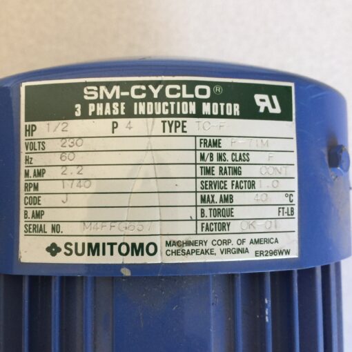 Sumitomo SM-Cyclo 3 Phase Motor CNHM05-E095-43 - Image 6