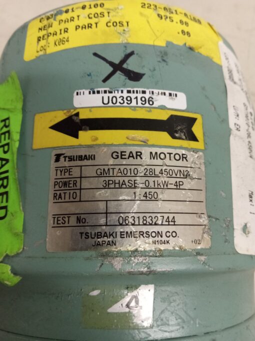 Tsubaki GMTA010-28L450VN2 3 Phase Gear Motor *Repaired* - Image 2